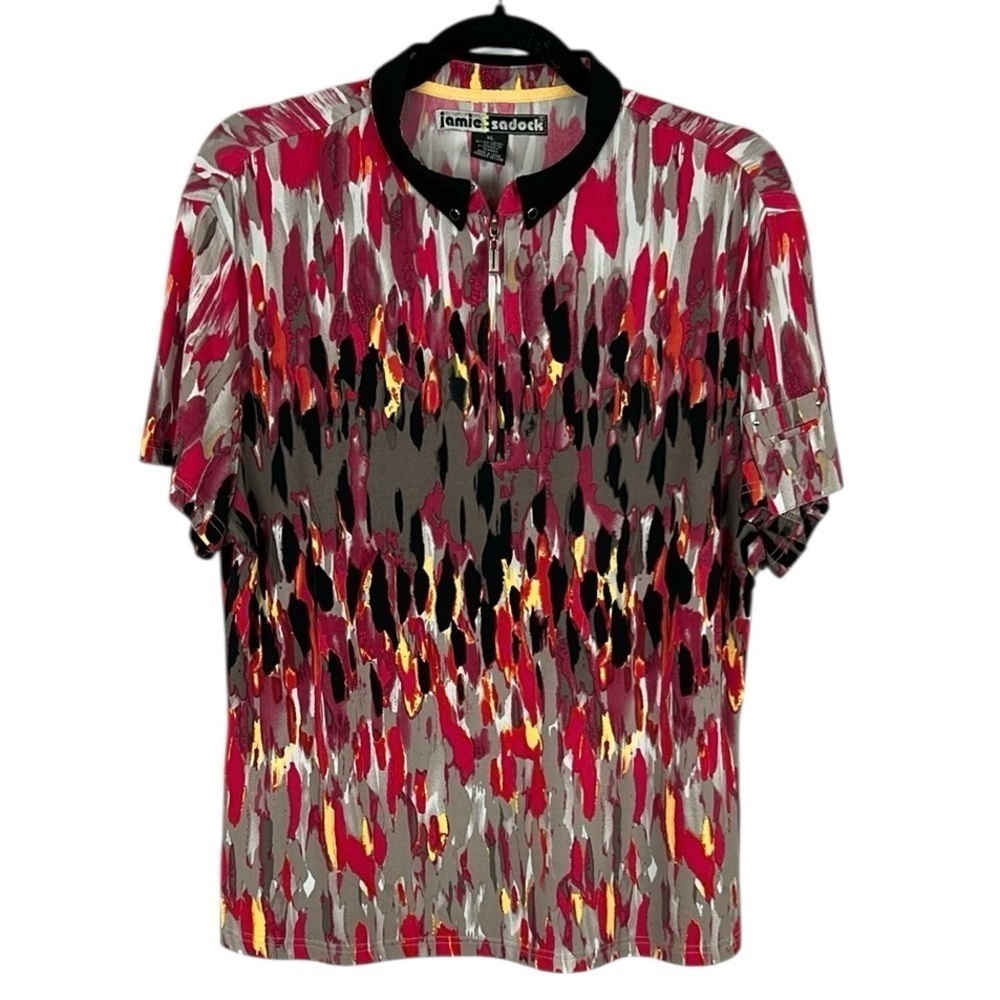 Jamie Sadock Athletic Golf 1/4 Zip Mock Neck Short Sleeve Top XL Red Grey